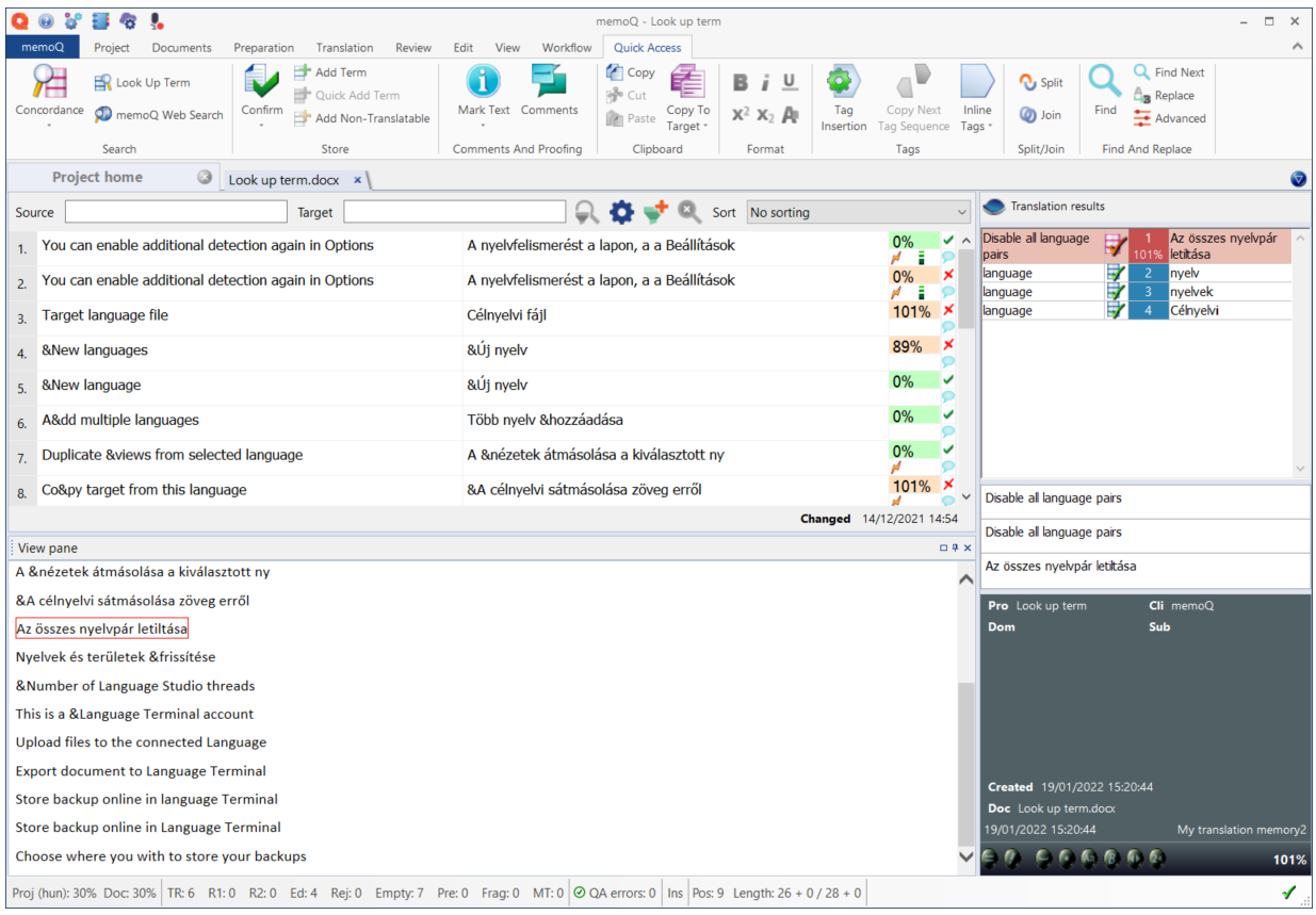 Translation editor window during the translation process.