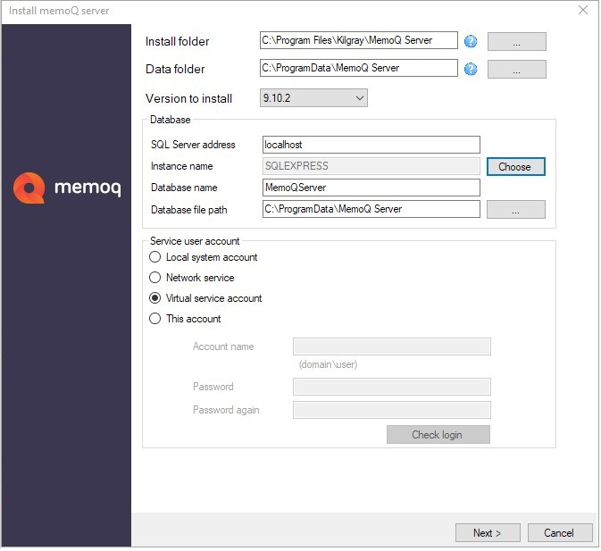 server installation starting window with folder, database, and user account selection