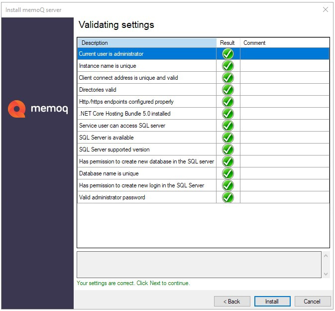 settings and programs validation process window