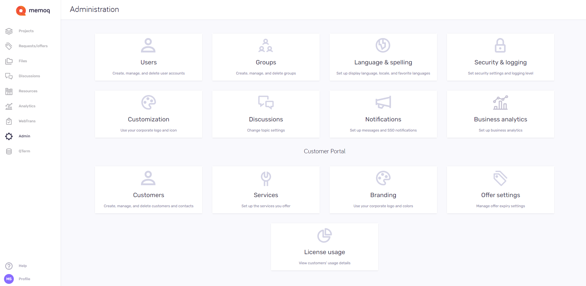 Administration panel showing option tiles for memoQ web and Customer Portal modification. 