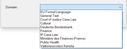 Verfügbare Domains für die Verwendung des eTranslation-Plugins. 