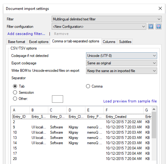 Fenster "Einstellungen für Dokumentenimport" mit Dropdown-Listen "Filter" und "Filterkonfiguration", Link für "Filterverkettung hinzufügen" und Registerkarten mit Optionen für durch Trennzeichen oder Tabstopps getrennte Dateien mit CSV-/TSV-Optionen – Dropdownlisten für "Codepage, wenn nicht erkannt", "Zeichensatztabelle exportieren" und BOM bei Export zu Unicode-Dateien umschreiben. Darunter sind Optionsfelder für Trennzeichen (Tabstopp, Semikolon, Komma und andere) und der Link "Vorschau aus Beispieldatei laden". Darunter sind Vorschaudateien mit Daten.