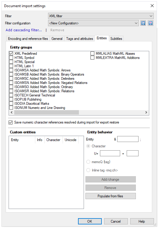 Fenster "Einstellungen für Dokumentenimport" mit Dropdown-Listen für Filter und Filterkonfiguration, anklickbarem Link "Filterverkettung hinzufügen", Registerkarte "Entitäten" mit den Abschnitten "Gruppe von Entitäten", "Benutzerdefinierte Entitäten" und "Entitätsverhalten". Die Schaltflächen "OK", "Abbrechen" und "Hilfe" sind unten links.