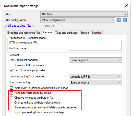 Fenster "Einstellungen für Dokumentenimport" mit Dropdown-Listen für Filter und Filterkonfiguration, anklickbarem Link "Filterverkettung hinzufügen", Registerkarte "Allgemein" mit verfügbaren Optionen und vier markierten Schaltflächen im Abschnitt "Inhalt": Leerräume als Standard normieren, Attribut XML:space in Datei beachten, Attributwert XML:lang bei Export ändern, Segmentierung bei Umbrüchen, wenn Leerräume beibehalten werden.