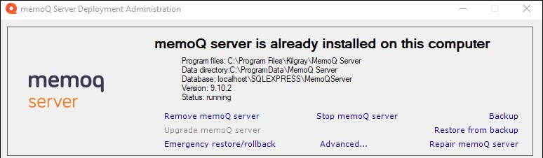 memoQ serverはすでにインストールされていますウィンドウで詳細オプションが選択された状態