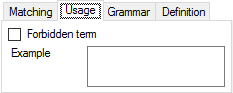 用語ベースエントリの作成ウィンドウの使用タブには、使用できない用語チェックボックスと禁止用語を入力するためのフィールドが表示されます。