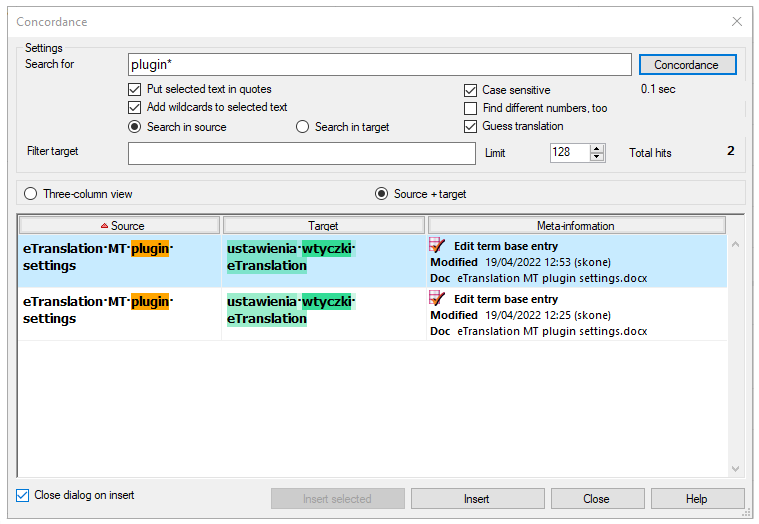 Source+target view for concordance with possible Guess translation option active and findings distinguished by color.