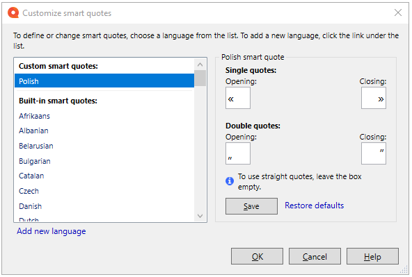 Customize smart quotes window with a list of languages on the left and smart quote examples (single and double quotes) on the right. You can edit both single and double quotes. OK, Cancel, and Help buttons are in the bottom right corner.