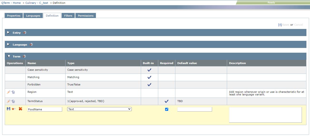 Definition tab of the QTerm Settings window showing entry-level and language-level fields collapsed and term-level fields expanded. The fields table has 7 columns: operations, name, type, built-in, required, default value, and description.