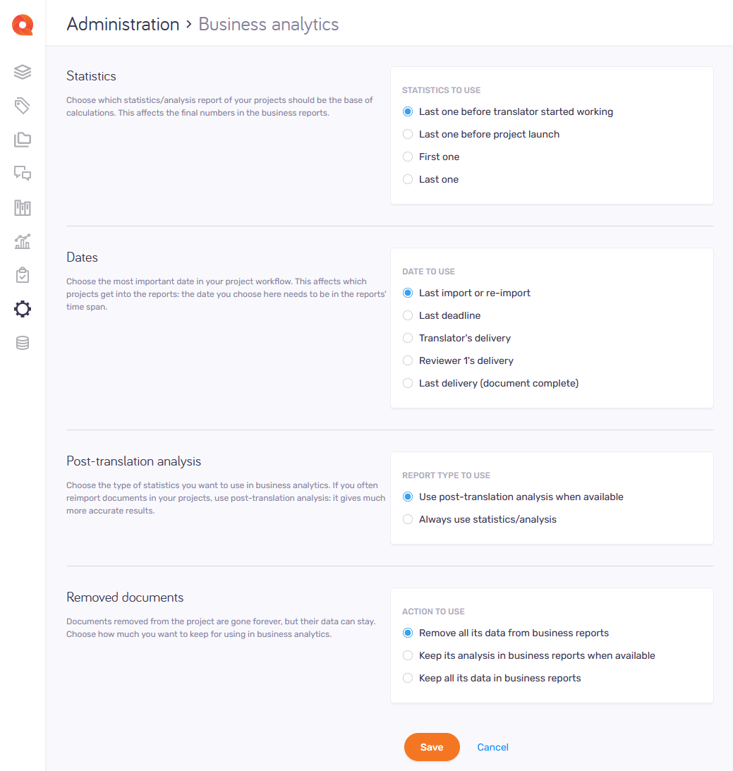 Administration window with four options allowing to create or modify business analytics report. 