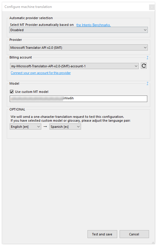 Configure machine translation window showing Model field active with Use custom MT model option activated.