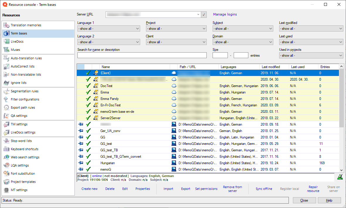 Resource console window showing list of resources on the left with term base selected from the list. On the center-right, there are filters you can use to search for your term base; below, there's a term base list, at the bottom, there are functional links, as well as the Close and Help buttons.