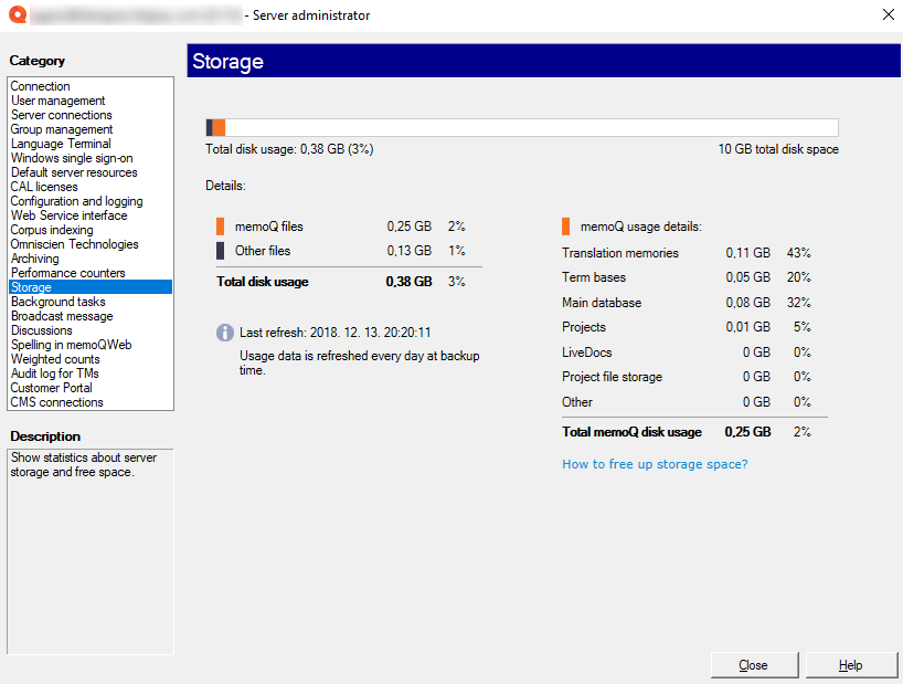 Server administrator window showing storage pane on a hosted or on-premise memoQ TMS with the percentage of storage limit bar and details like memoQ files, other files, translation memories, term bases, main databases, projects, livedocs, project file storage, other, and total memoQ disk usage percentage. Below there's how to free up storage space link redirecting user to documentation and Last refresh info.