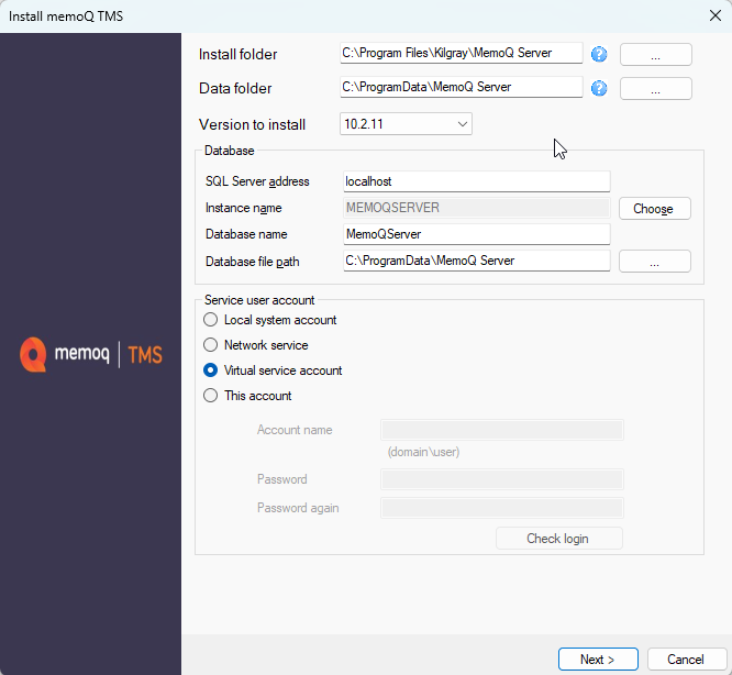 server installation starting window with folder, database, and user account selection