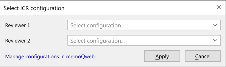 Fenster „ICR-Konfiguration auswählen“ mit zwei Dropdown-Listen zur Konfiguration: eine für Überprüfer 1 und eine für Überprüfer 2. Darunter sind der Link „Konfigurationen in memoQweb verwalten“ und die Schaltflächen Anwenden und Abbrechen.