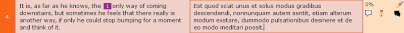 Source and target segments. The source segment showing text in the source language and the inline tag, and the target segment showing the translation without the inline tag marked. The target segment is marked with an error presented as an exclamation mark.