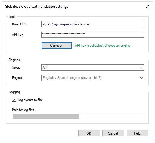 Fenster für Einstellungen für Globalese Cloud text translation mit Dropdown-Listen für Gruppen und Engines, Anmeldeoptionen und Pfad für Protokolldateien.