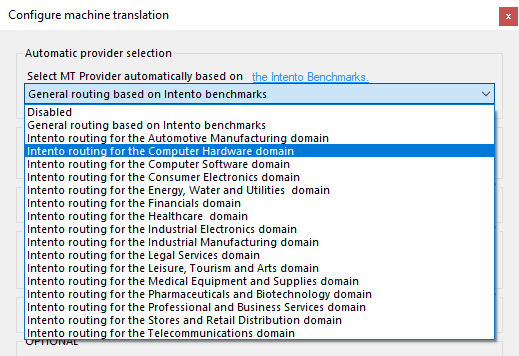 Fenster "Maschinelle Übersetzung konfigurieren" mit Dropdown-Liste "MT-Anbieter automatisch basierend auf den Intento-Benchmarks auswählen.", wo Sie eine domänenspezifische Option für Intento für Ihren Anbieter auswählen können.