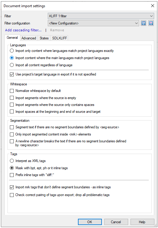 Fenster „Einstellungen für Dokumentenimport“ mit ausgewähltem Xliff 1-Filter und geöffneter Registerkarte „Allgemein“. Unterhalb der Registerkarte sind die Optionen Sprachen, Leerraum, Segmentierung und Tags zu sehen. Links unten die Schaltflächen OK, Abbrechen und Hilfe.