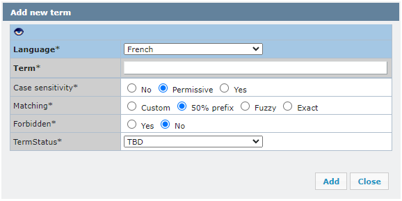 Add a new term window where you can select language, add a term and its definition, set case sensitivity, and matching.