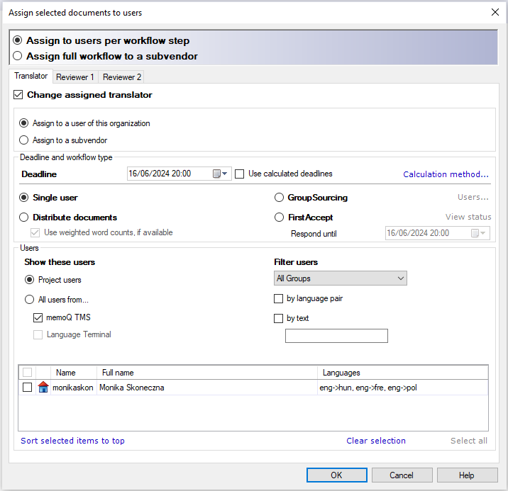 Assigg selected documents to users windows showing two bullet points to choose from: first one says Assign to users per workflow step, the second one says Assign full workflow to a subvendor. below there are three tabs: Translator, Reviewer 1, Reviewer 2. On the bottom right side of the page there are three buttons: OK, Cancel, Help.