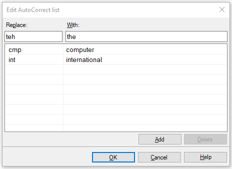 Edit AutoCorrect list window with list of words and Add button visible.