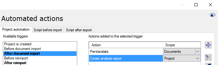 Part of the Automated actions window showing available tabs - Project automation, Script before import, and Script after export.