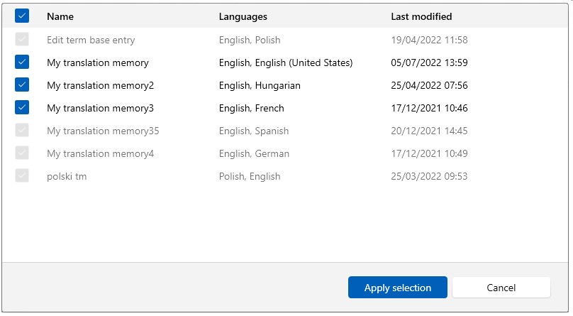 Customization window showing all available translation memories, their languages, as well as dates and hours of their last modification. At the bottom of the window there are Apply selection and Cancel buttons.