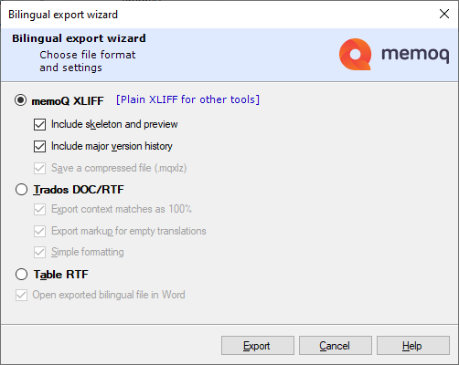 Bilingual export wizard window showing export options for memoQ xliff (plain xliff for other tools), Trados doc/rtf, or table rtf.