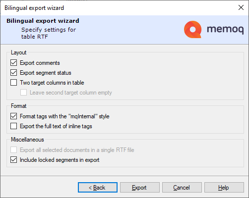 Bilingual export wizard showing layout, format, and miscellaneous options to choose from when adjusting your .rtf file.
