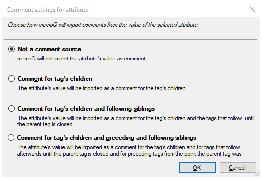 Comment settings for attribute window showing available radio button options: not a comment source, comment for tag's children, comment for tag's children and following siblings, comment for tag's children, and preceding and following siblings.
