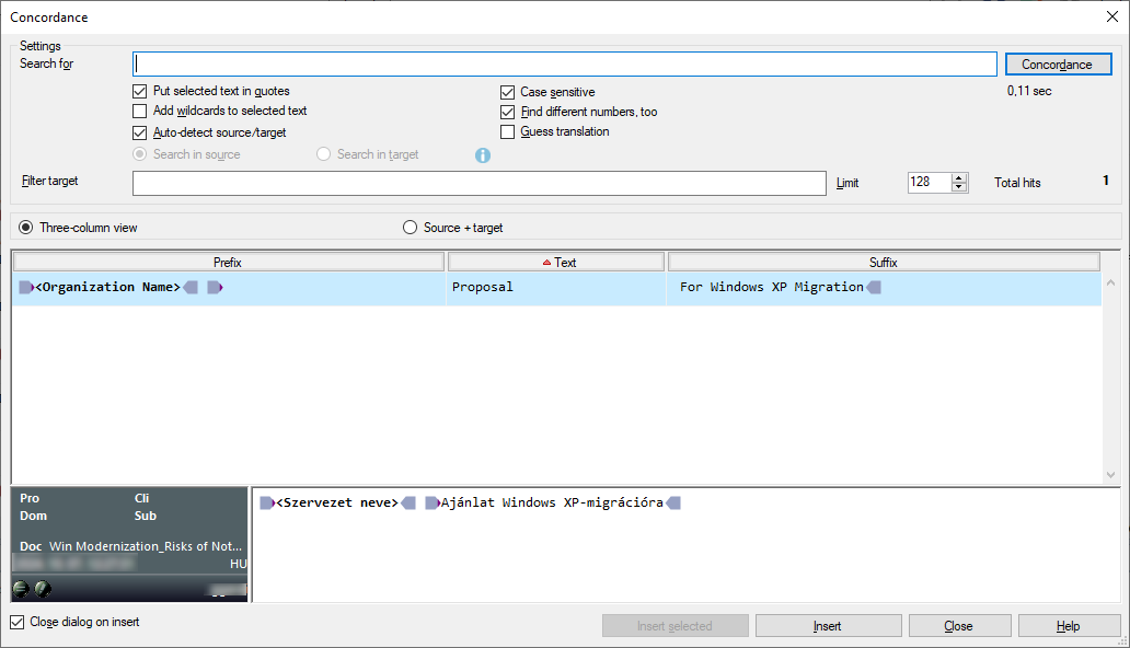 Three-column view for concordance with possible concordance options to choose from.