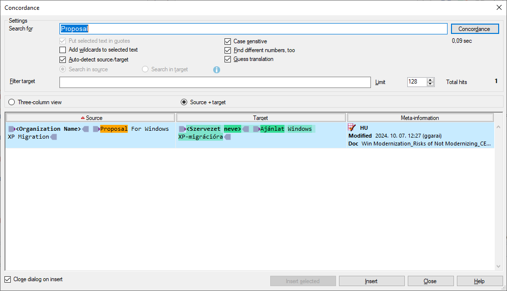 Source+target view for concordance with possible Guess translation option active and findings distinguished by color.