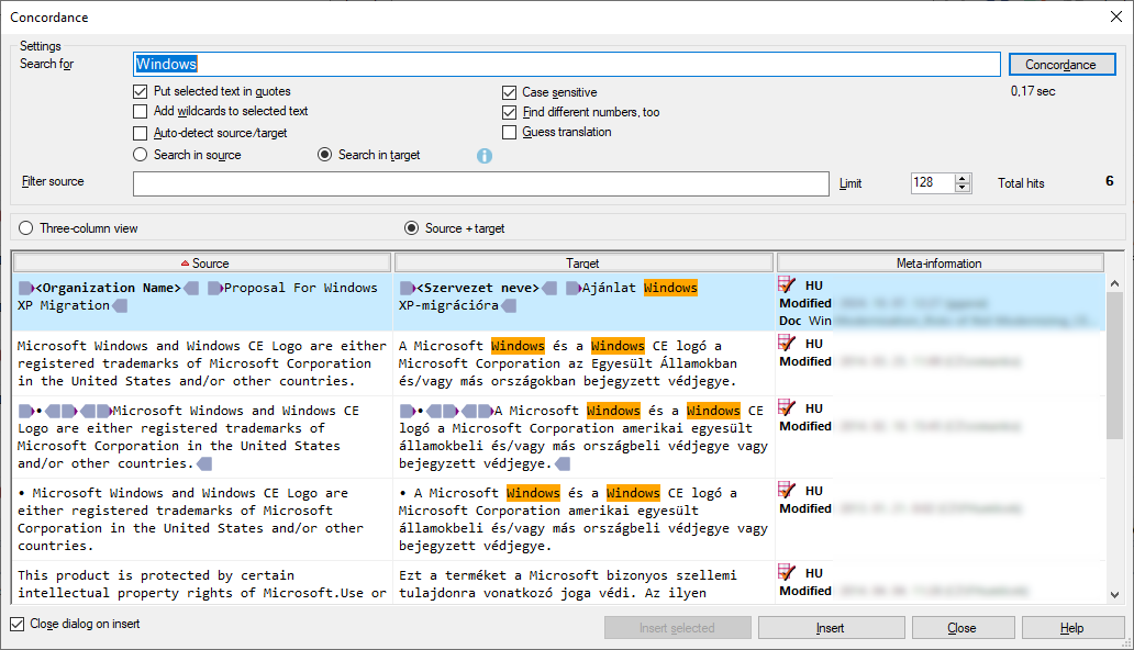 Source+target view for target language with possible Guess translation option active and findings distinguished by color.