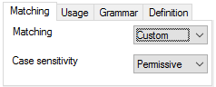 The Matching tab in the Create term base entry window showing dropdowns with matching options and case sensitivity options.