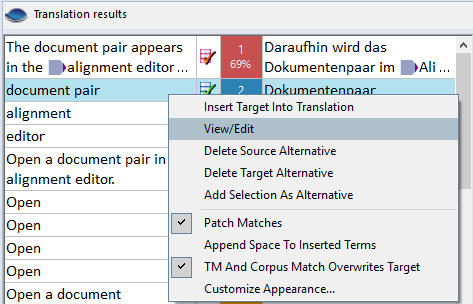 New term in translation results window with a context menu. 