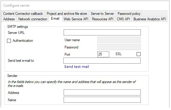 server and notifications email configuration widnow