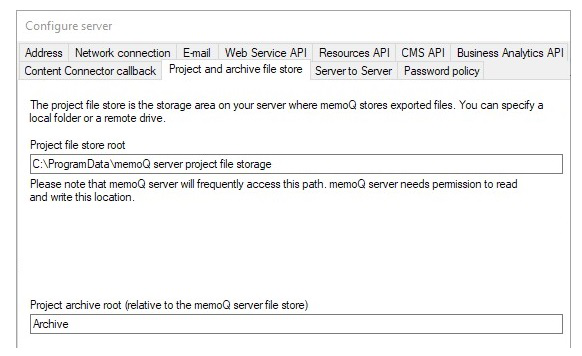 Server configuration window with project file store root and project archive root visible