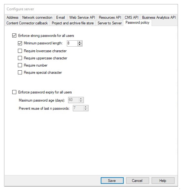 password specification and its expiration date configurations window