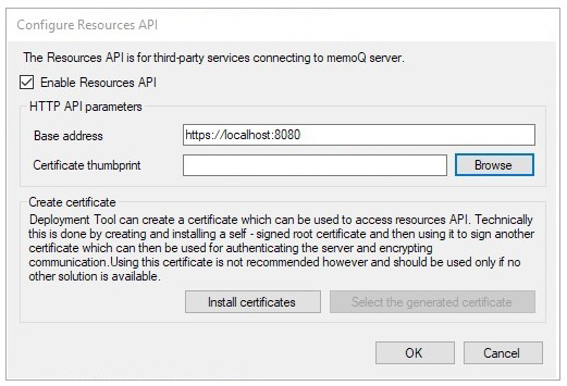 Resources and HTTP API parameters fields window with base address inserted