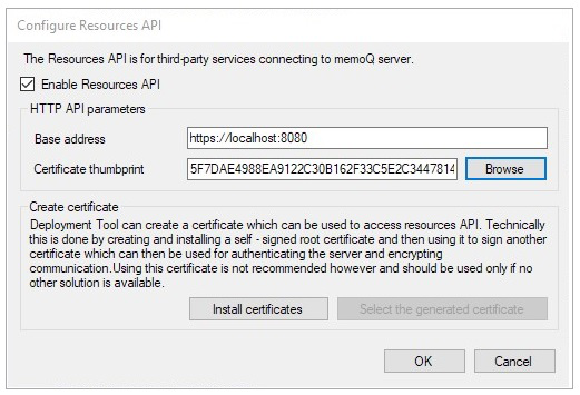 Resources and HTTP API parameters fields window with base address and certificate inserted