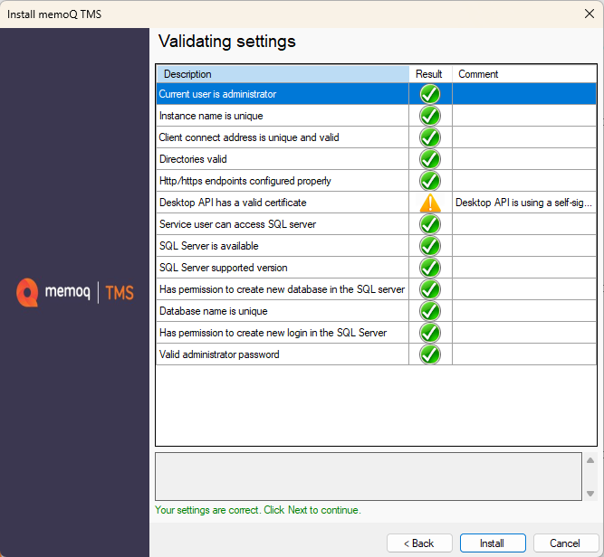 settings and programs validation process window