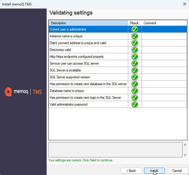 settings and programs validation process window
