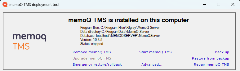 memoQ TMS already installed window with advanced options selection