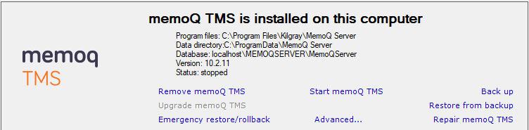 memoQ TMS already installed window with advanced options selection