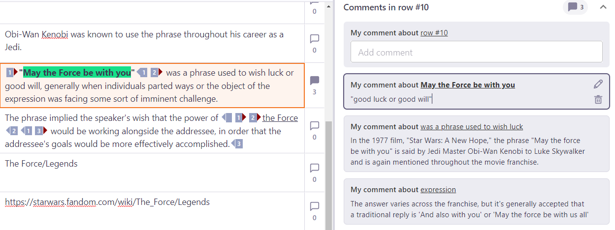 Part of the translation editor showing highlighted text in the selected row on the left and all the comments added to this row.