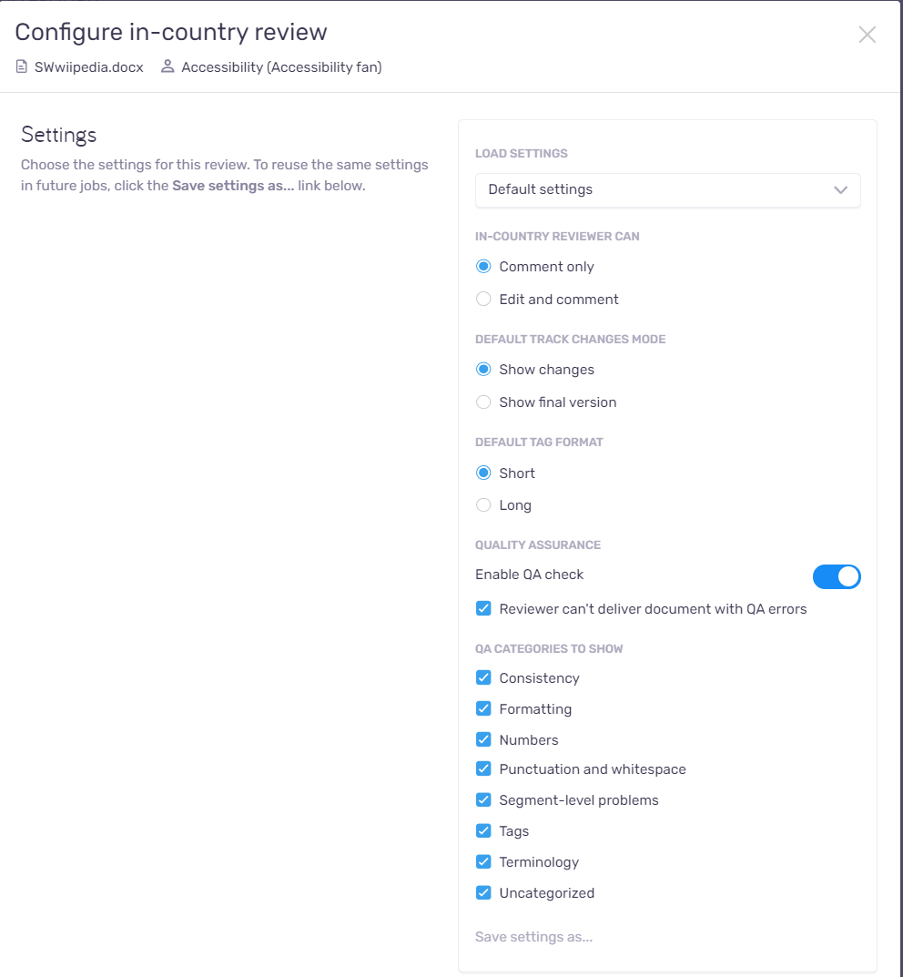 The part of the Configure in-country review window showing the Settings section with all the options the user can choose for the review or choose to reuse already created settings under Load settings. In the bottom right corner, there is the Save settings... as link.