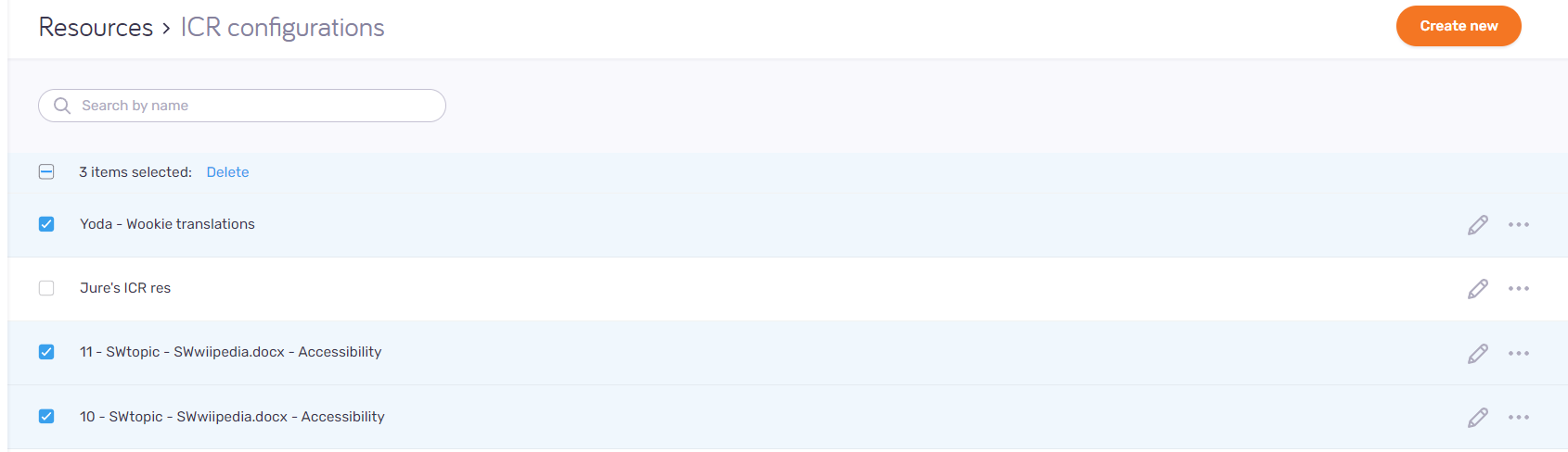 ICR configuration page. In the top-right corner there's the Create new button. On the left, there's the search bar, under the search bar there's the list of configurations. Three condigurations are selected. Next to the number of configuration there's the Delete link.