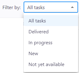 The filter by dropdown showing all options users can use to filter their review tasks - showing all tasks, delivered, in progress, new, or not yet available tasks.