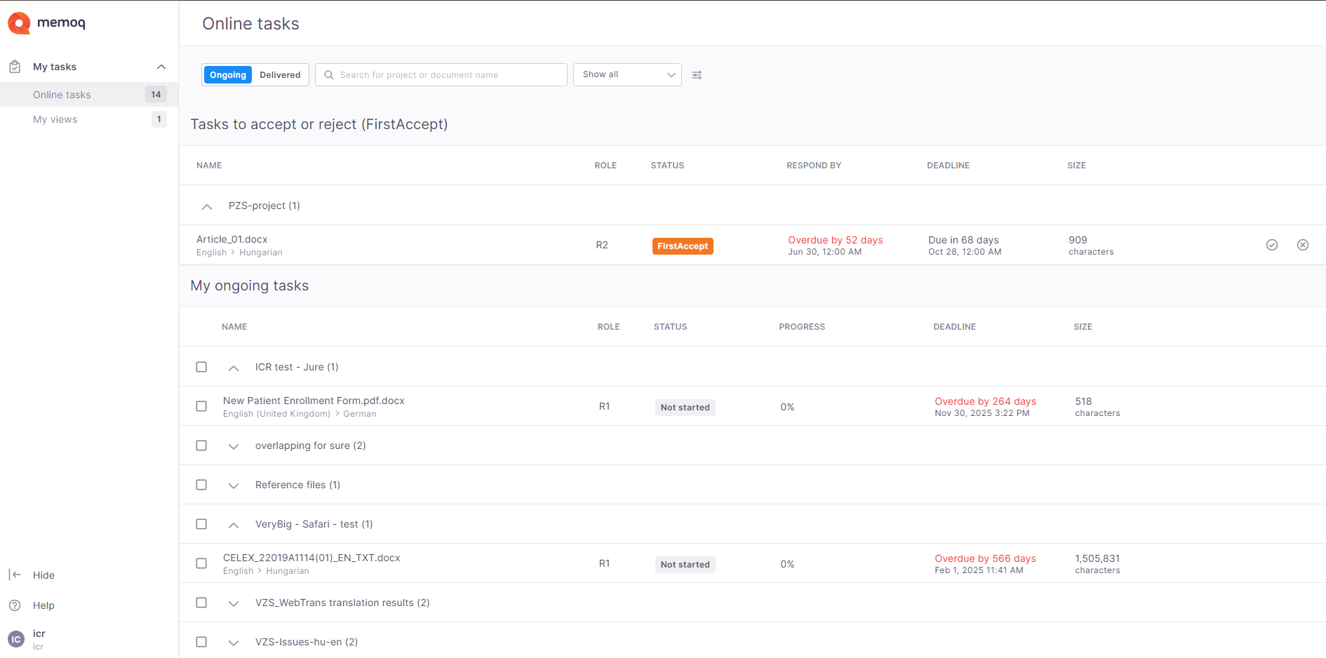 The Online tasks page showing all the review tasks assigned to the user. In the top-left corner there are Help, Options, and admin buttons. Below you can filter for tasks and look for projects thanks to filter dropdowns and below the filter options there's a table with all the info about assigned tasks - document name, project name, language pair, status, deadline, size.